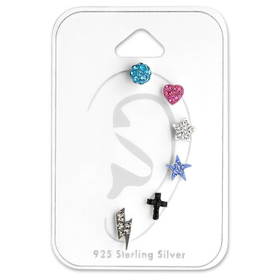 Silver Mixed Ear Studs Set with Crystal on Card