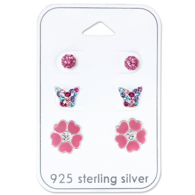 Silver Butterfly Ear Studs Set with Crystal and Epoxy on Card