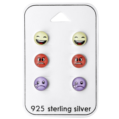 Silver Emoji Ear Studs Set on Card