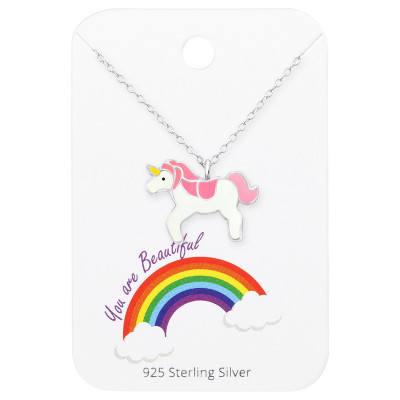 Silver Unicorn Necklace with Epoxy on Rainbow Card