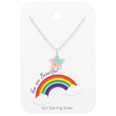 Children's Silver Star Necklace with Epoxy on Rainbow Card