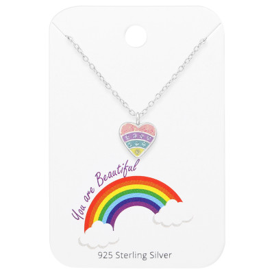 Children's Silver Heart Necklace with Crystal and Epoxy on Rainbow Card