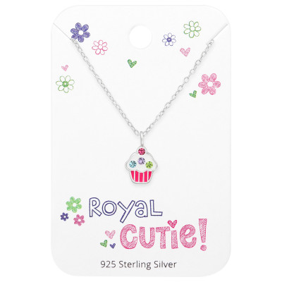 Children's Silver Cupcake Necklace with Crystal and Epoxy on Royal Cutie! Card