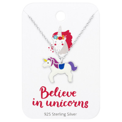 Silver Unicorn Necklace with Epoxy on Believe in Unicorns Card