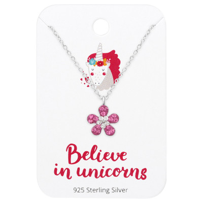 Silver Flower Necklace with Crystal on Believe In Unicorns Card