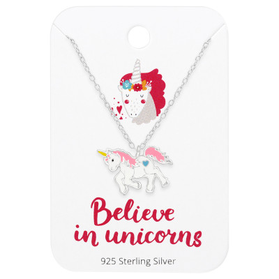 Children's Silver Unicorn Necklace with Epoxy on Believe in Unicorns Card