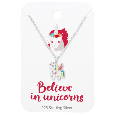 Children's Silver Unicorn Necklace with Crystal and Epoxy on Believe in Unicorns Card