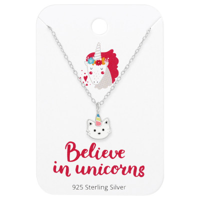 Children's Silver Caticorn Necklace with Epoxy on Believe in Unicorns Card