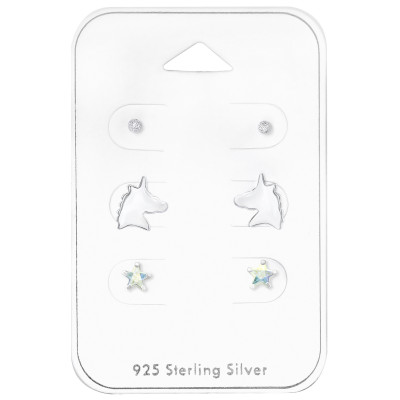 Silver Unicorn Ear Studs Set with Cubic Zirconia on Card