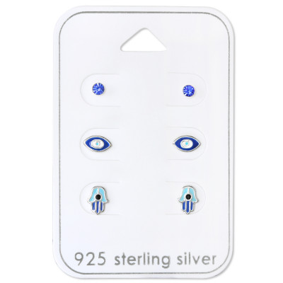 Silver Blue Lover Ear Studs Set with Crystal and Epoxy on Card