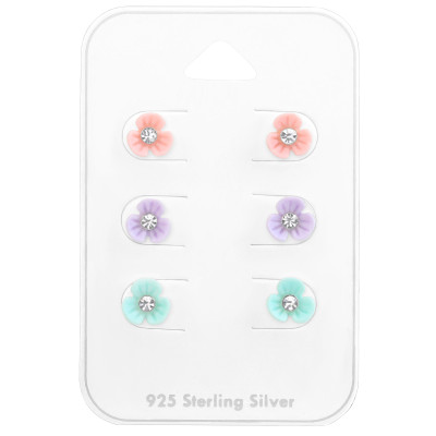 Silver Flower Ear Studs Set  with Crystal and Plastic on Card