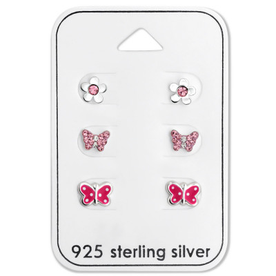 Silver Butterfly Ear Studs Set with Crystal and Epoxy on Card