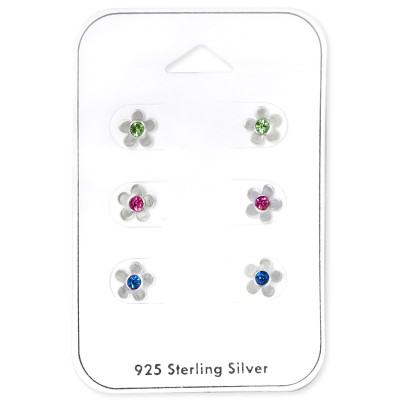 Silver Flower Ear Studs Set with Crystal on Card