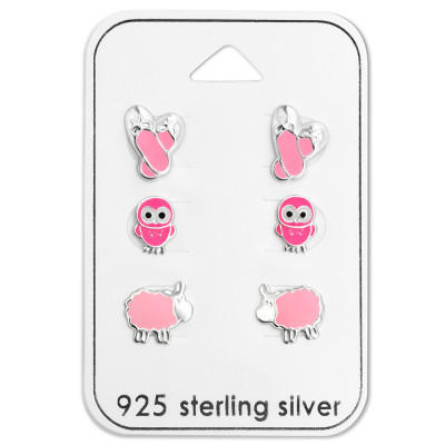 Silver Pink Ear Studs Set with Epoxy on Card