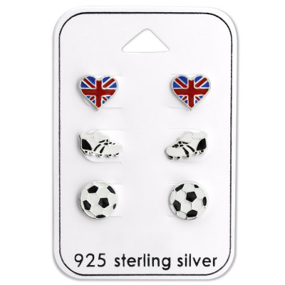 Silver Football Ear Studs Set with Epoxy on Card