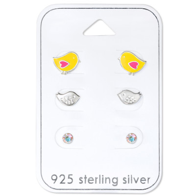 Silver Chick Ear Studs Set with Crystal and Epoxy on Card