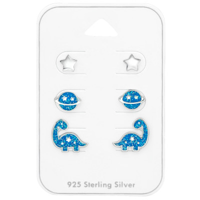 Silver Star Ear Studs Set with Epoxy on Card