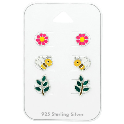 Silver Bee Ear Studs Set with Epoxy on Card