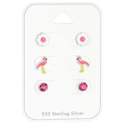 Silver Flamingo Ear Studs Set with Crystal and Epoxy on Card