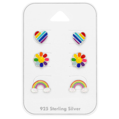 Rainbow, Flower and Heart Children's Sterling Silver Set and Jewelry on Card with Epoxy