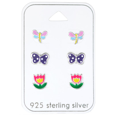 Silver Butterfly Ear Studs Set with Epoxy on Card