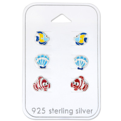 Silver Fish Ear Studs Set with Epoxy on Card