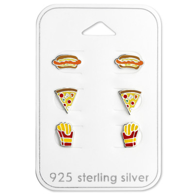 Silver Food Lovers Ear Studs Set with Epoxy on Card