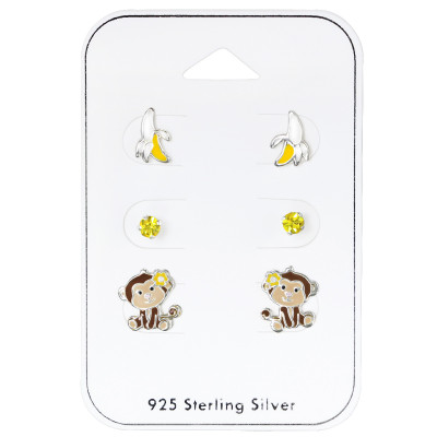 Silver Cheeky Monkey Ear Studs Set with Crystal and Epoxy on Card