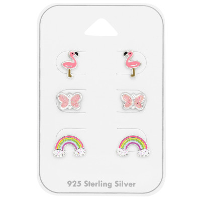 Flamingo, Butterfly and Rainbow Children's Sterling Silver Set and Jewelry on Card with Epoxy