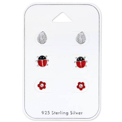 Silver Lady Bug Ear Studs Set with Crystal and Epoxy on Card