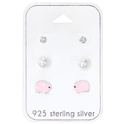 Sheep Children's Sterling Silver Set and Jewelry on Card with Cubic Zirconia,Pearl and Epoxy