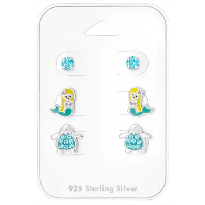 Silver Sea Ear Studs Set with Cubic Zirconia,Crystal and Epoxy on Card