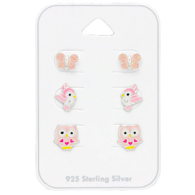 Silver Flying Animals Set Ear Studs with Crystal and Epoxy on Card 