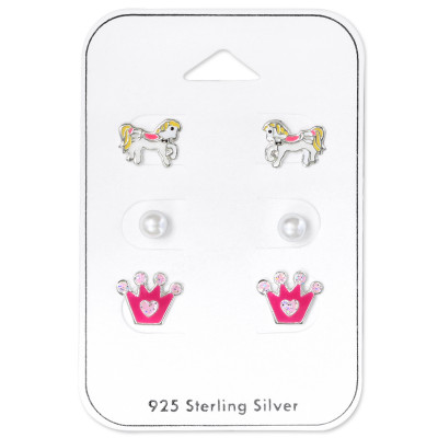 Silver Princess Ear Studs Set with Glass Pearl and Epoxy on Card