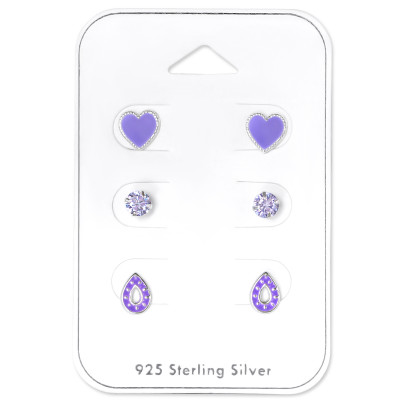 Purple Lovers Children's Sterling Silver Set and Jewelry on Card with Cubic Zirconia and Epoxy