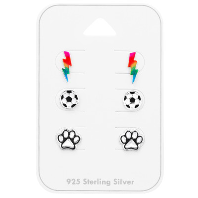 Assorted Children's Silver Ear Studs Set on Card with Epoxy