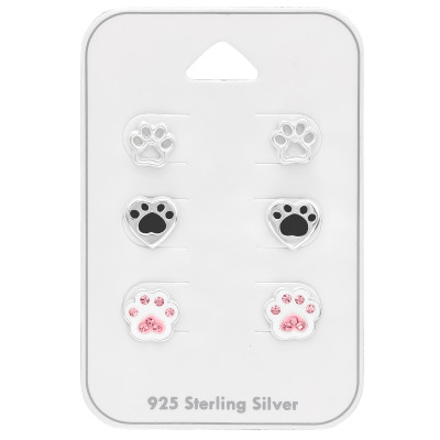 Silver Paw Print Ear Studs Set with Crystal and Epoxy on Card