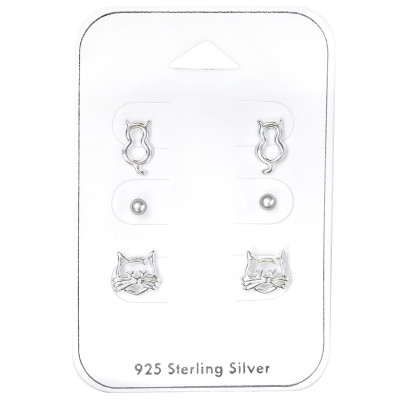 Silver Cat Lovers Ear Studs Set on Card