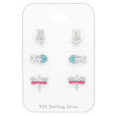 Silver Animal Ear Studs Set with Crystal on Card