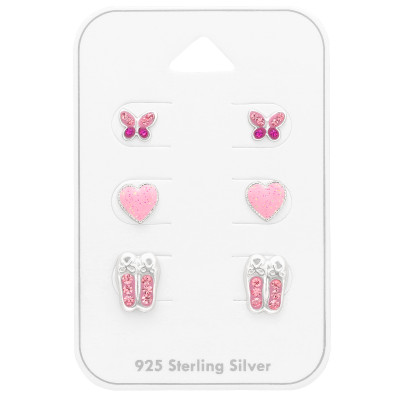 Children's Silver Pink Ear Studs Set with Crystal and Epoxy on Card