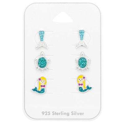 Silver Ocean Ear Studs Set with Crystal and Epoxy on Card 