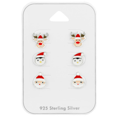 Silver Christmas Ear Studs Set with Epoxy on Card