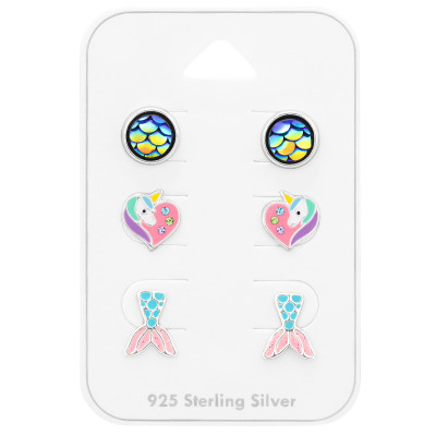 Children's Silver Unicorn & Mermaid Tail Ear Studs Set on Card with Crystal and Epoxy