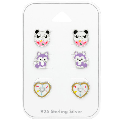 Silver Cute Ear Studs Set with Epoxy on Card