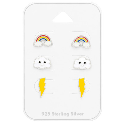 Children's Silver Sky Ear Studs Set with Epoxy on Card