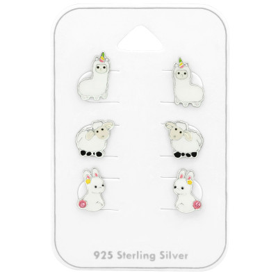 Silver Animal Ear Studs Set with Crystal and Epoxy on Card