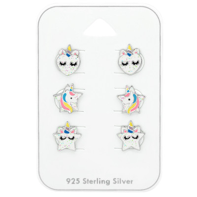 Silver Unicorn Ear Studs Set with Epoxy on Card