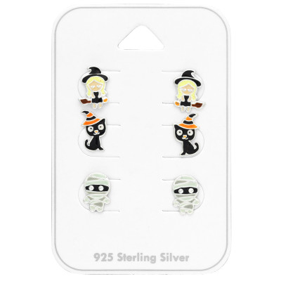 Silver Halloween Ear Studs Set with Crystal and Epoxy on Card