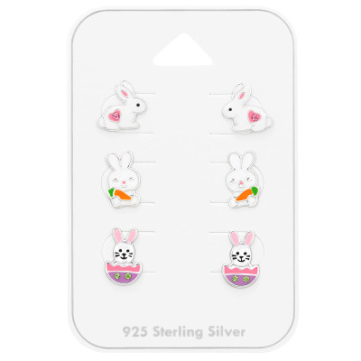 Children's Silver Easter Bunny Ear Studs Set on Card with Crystal and Epoxy