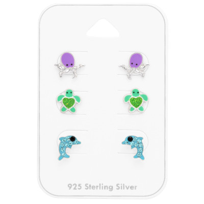 Children's Silver Sea Ear Studs Set with Crystal and Epoxy on Card